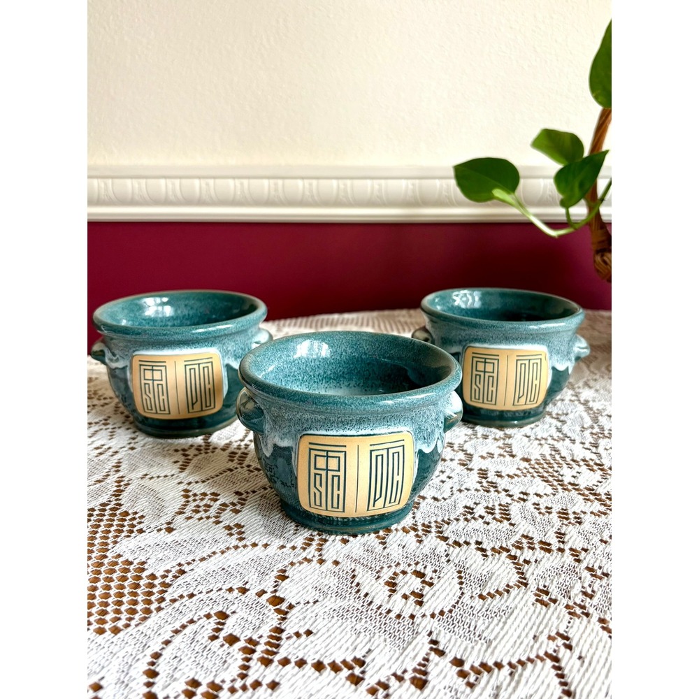Deneen Pottery Set of 3 Teal Glaze Handcrafted Stoneware Soup Bowls 2024 USA